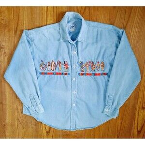 Vintage JouJou Women Denim Button Down Shirt Native American Embroidery